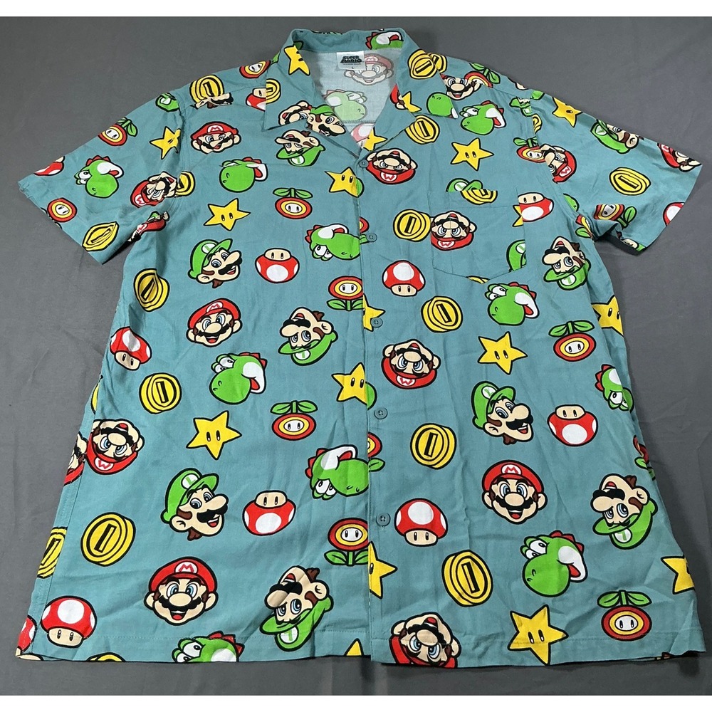 Nintendo Super Mario Bros Rayon Button Down Shirt Teal Men Large Luigi Yoshi